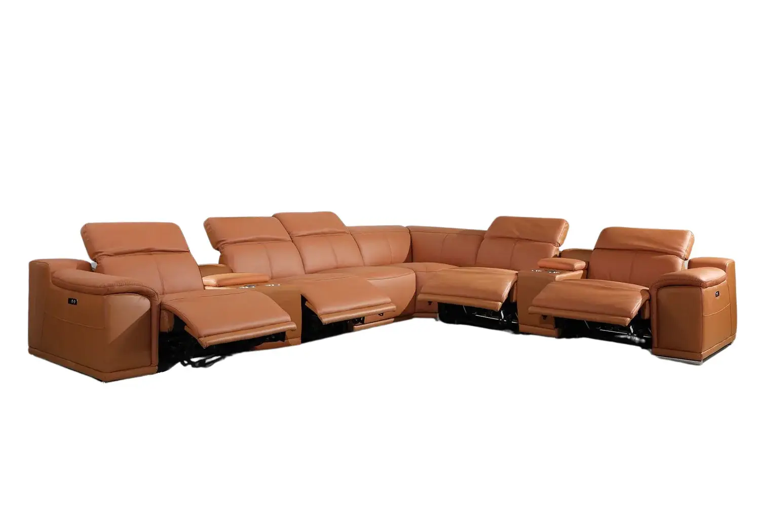 Camel Italian Leather Power Reclining U Shaped Eight Piece Corner Sectional With Console - Image 6