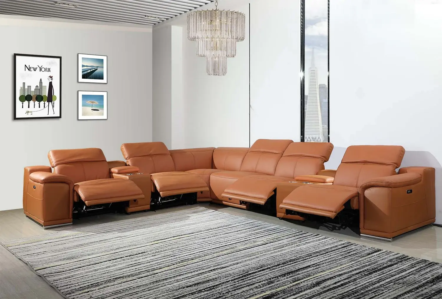 Camel Italian Leather Power Reclining U Shaped Eight Piece Corner Sectional With Console - Image 8