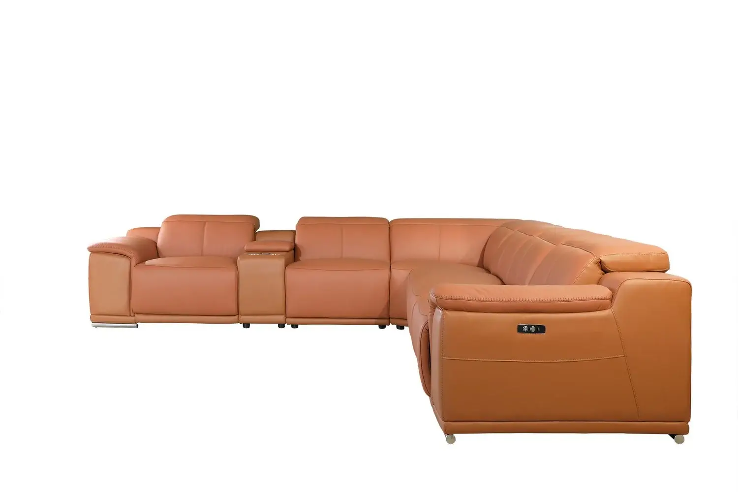 Camel Italian Leather Power Reclining U Shaped Seven Piece Corner Sectional With Console - Image 4