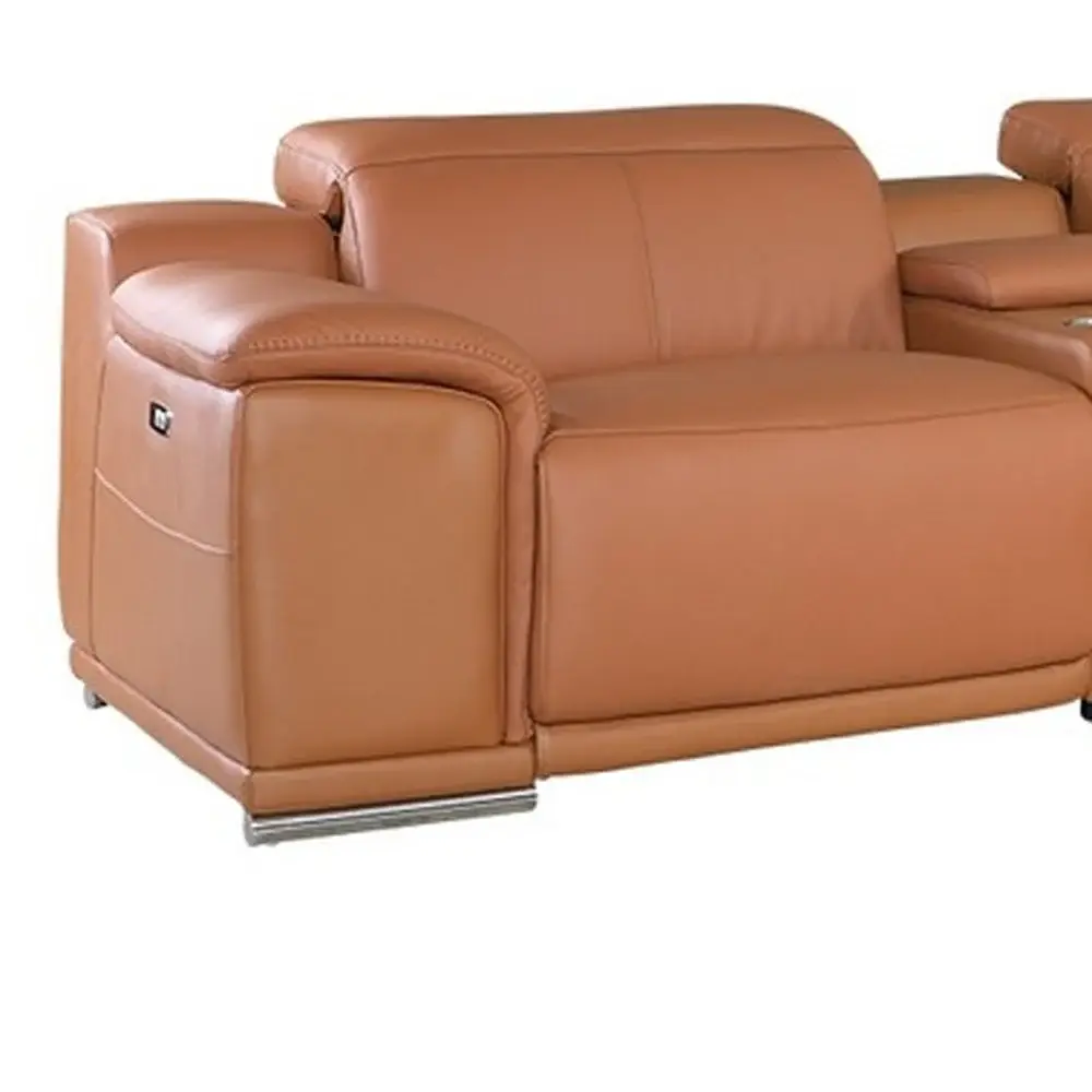 Camel Italian Leather Power Reclining U Shaped Seven Piece Corner Sectional With Console - Image 6