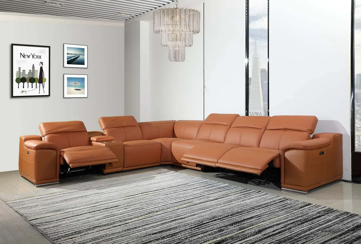 Camel Italian Leather Power Reclining U Shaped Seven Piece Corner Sectional With Console - Image 7