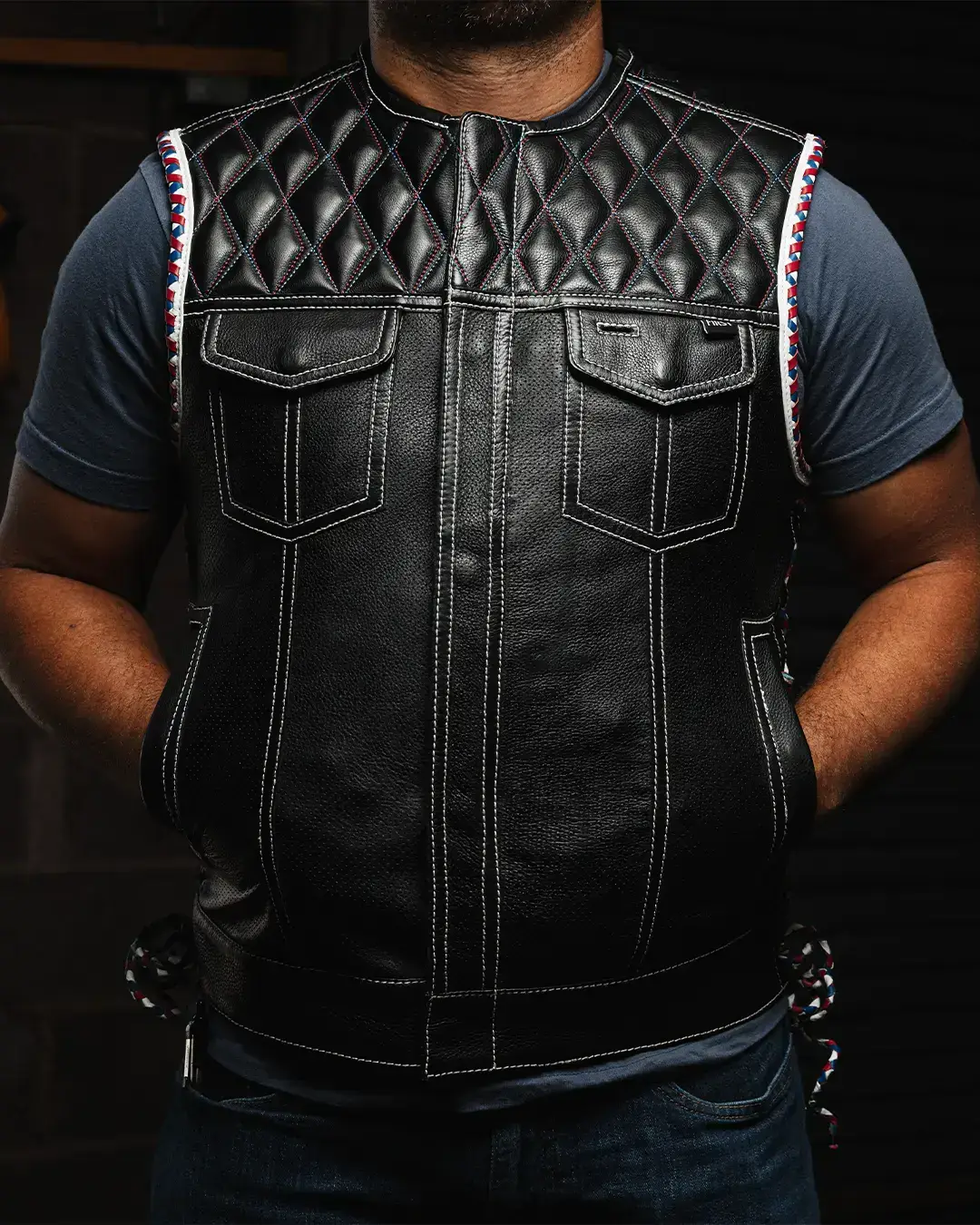 Captain Perforated Men's Motorcycle Leather Vest - Image 10