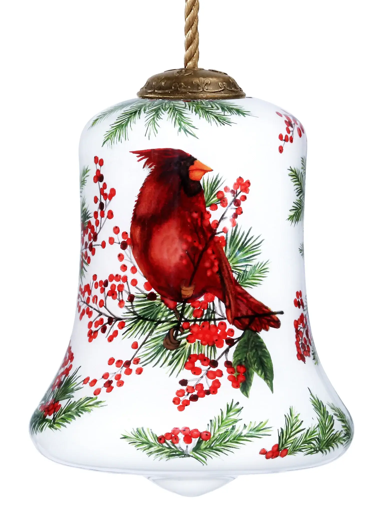 Cardinal Perched on Winter Berries Hand Painted Mouth Blown Glass Ornament - Image 2