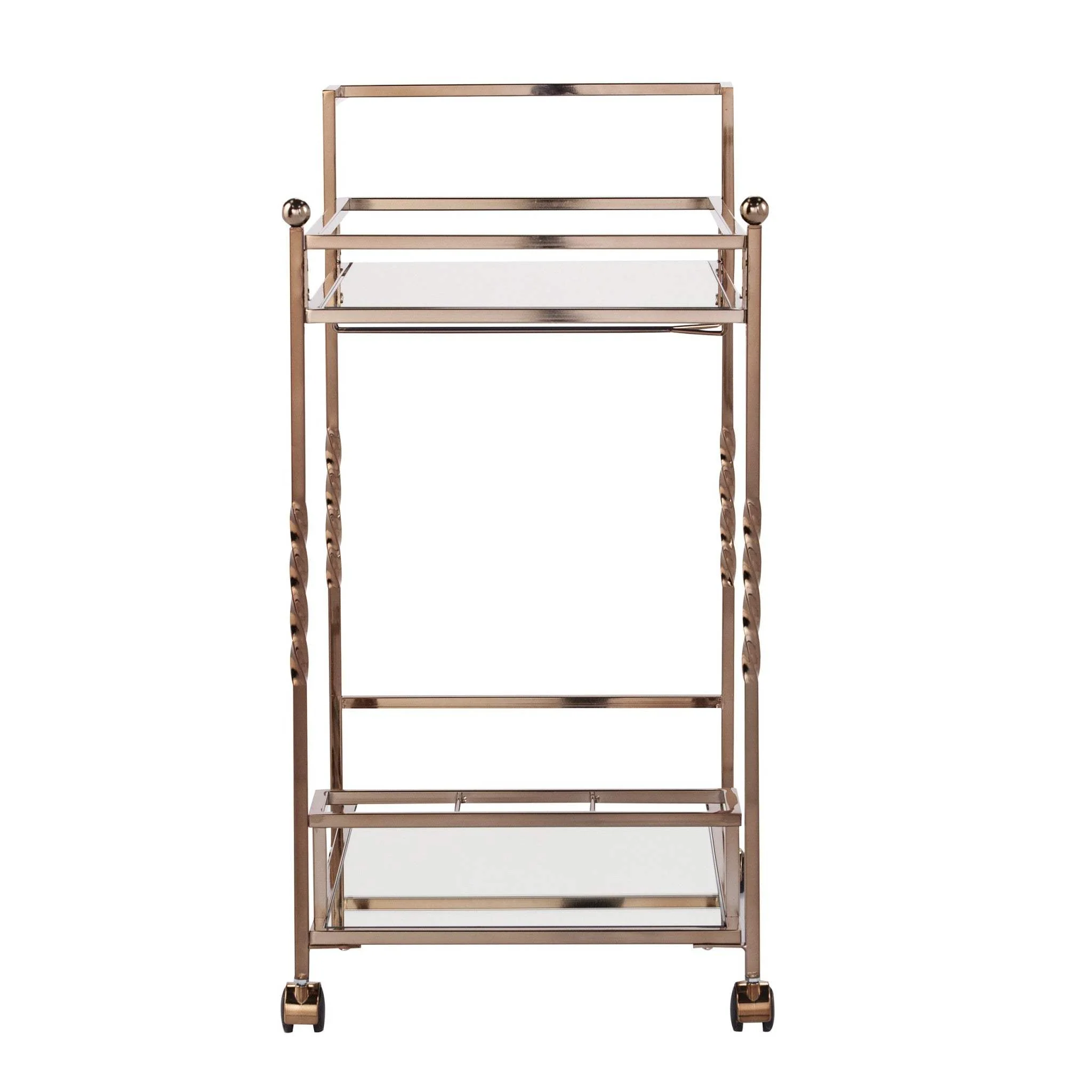 Champagne Metal And Mirrored Glass Rolling Bar Cart With Wine Storage - Image 3