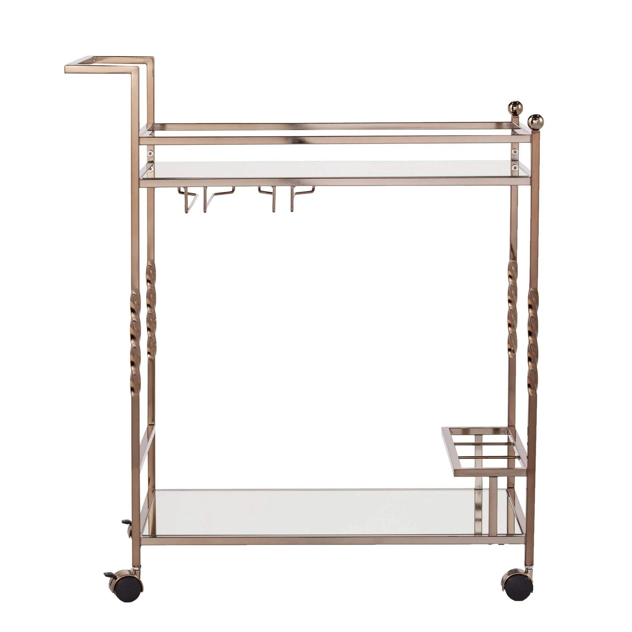 Champagne Metal And Mirrored Glass Rolling Bar Cart With Wine Storage - Image 5