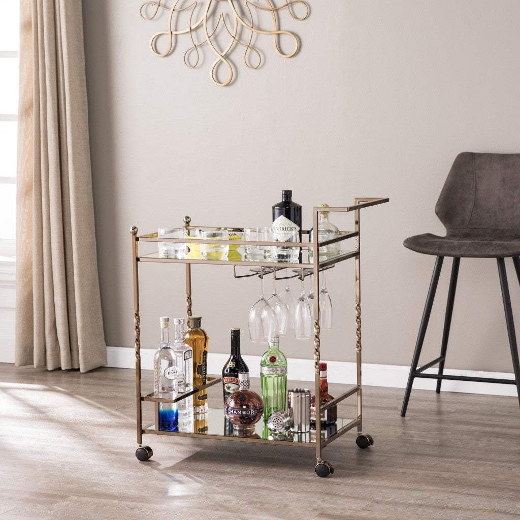 Champagne Metal And Mirrored Glass Rolling Bar Cart With Wine Storage - Image 9