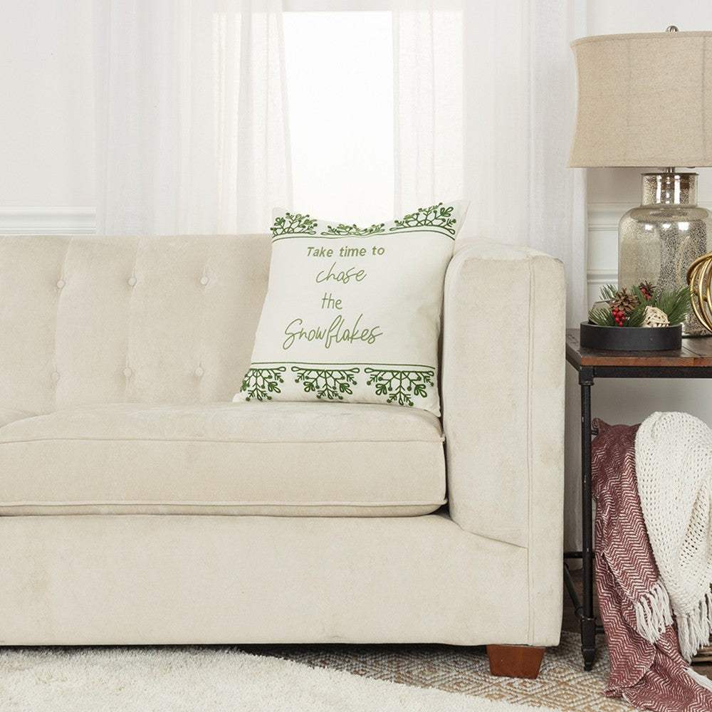 Chase the Snowflakes Green and White Decorative Throw Pillow - Image 4