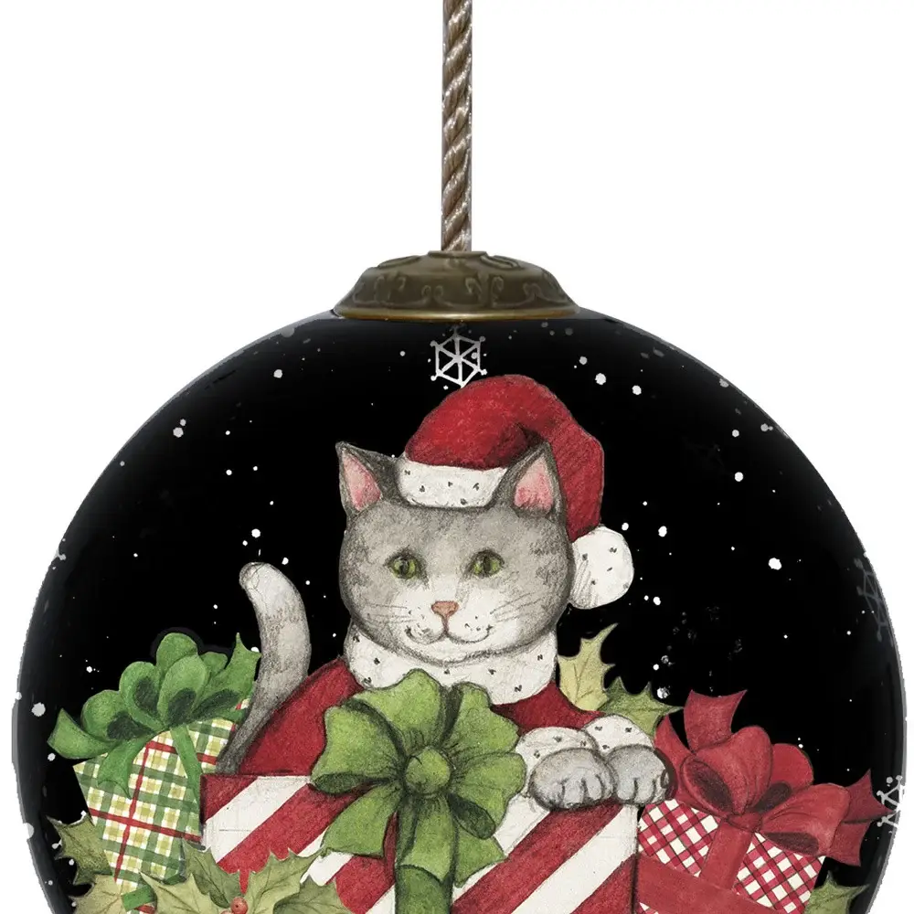 Christmas Cat with Presents Hand Painted Mouth Blown Glass Ornament - Image 3