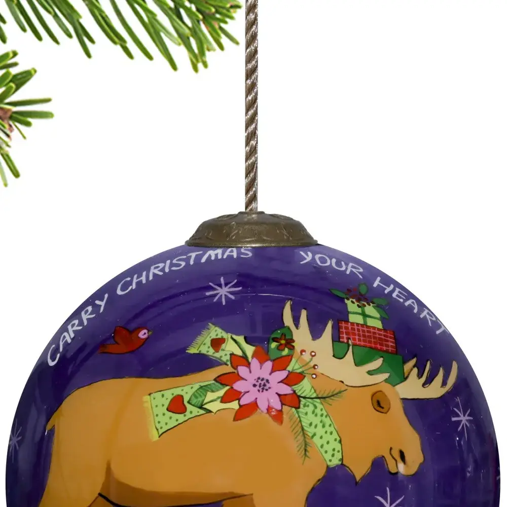 Christmas Moose Walking Hand Painted Mouth Blown Glass Ornament - Image 3