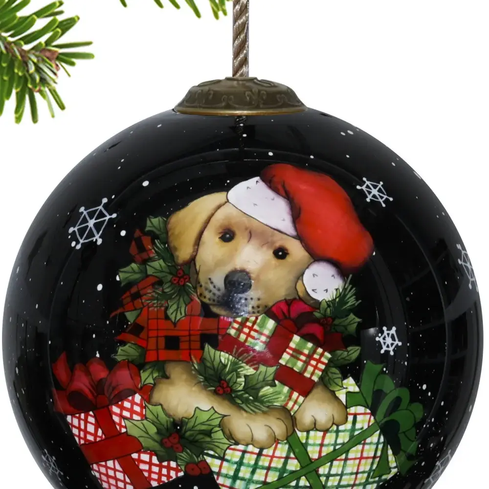 Christmas Puppy with Presents Hand Painted Mouth Blown Glass Ornament - Image 3