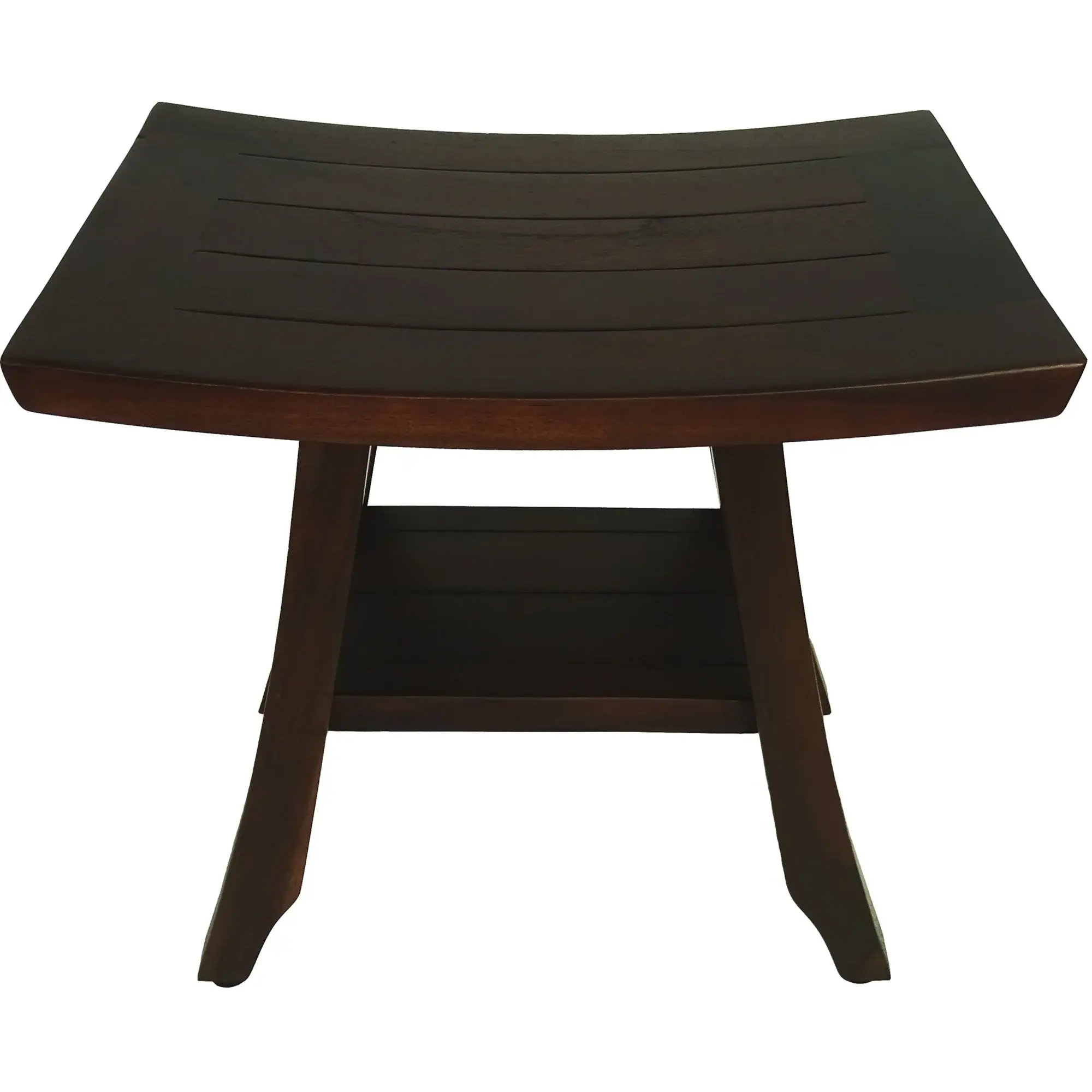 Compact Curvilinear Teak Shower Or Outdoor Bench With Shelf In Brown Finish - Image 3