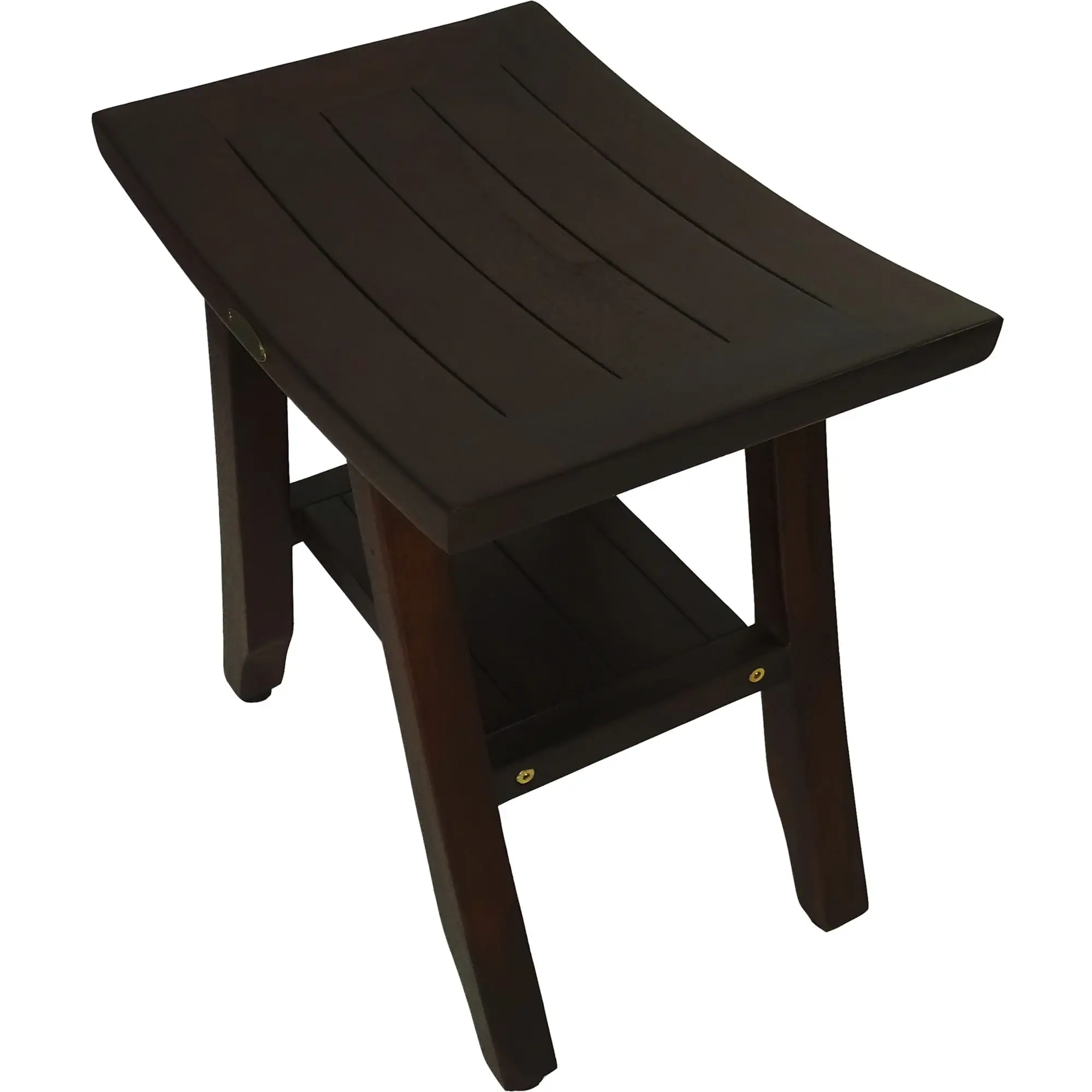 Compact Curvilinear Teak Shower Or Outdoor Bench With Shelf In Brown Finish - Image 5