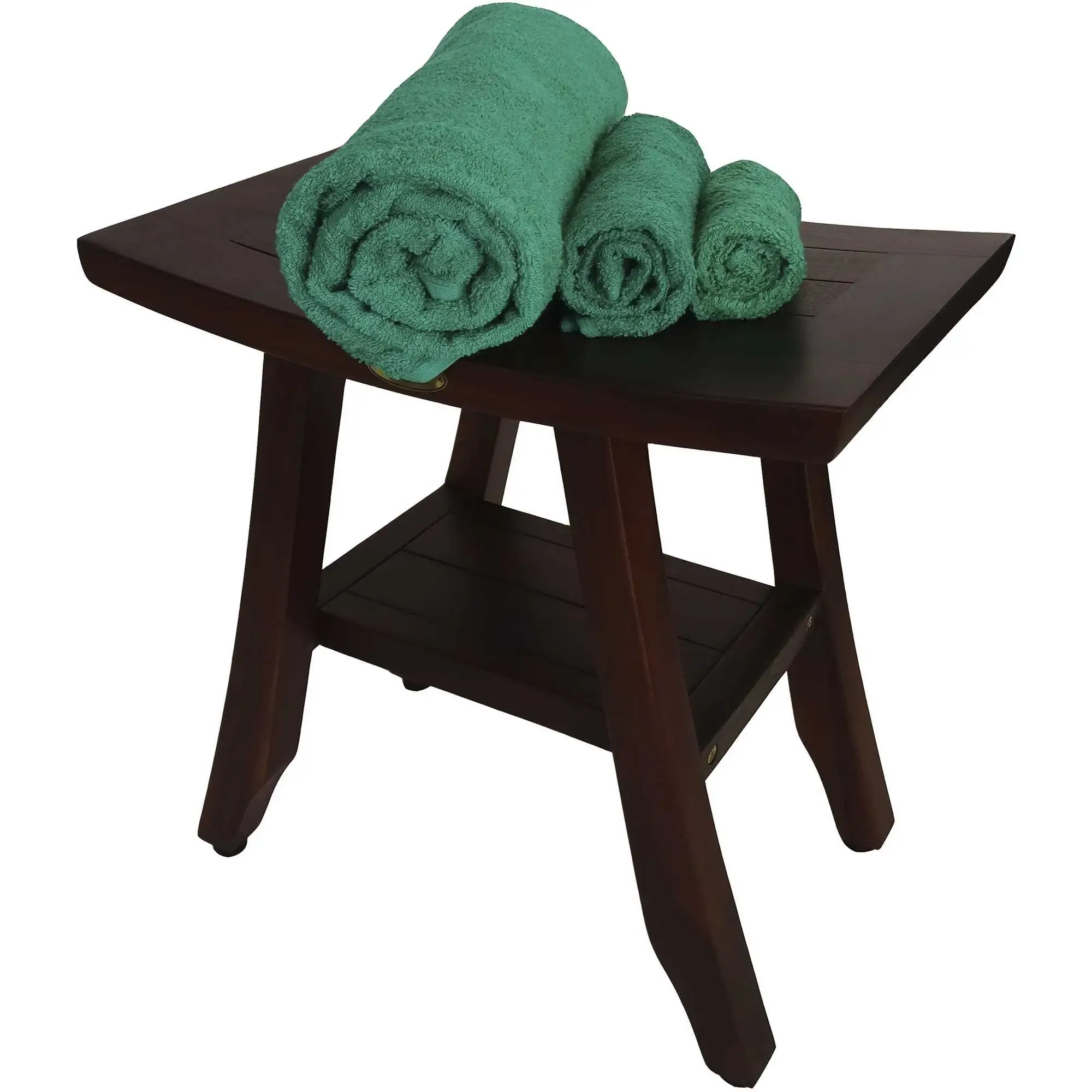 Compact Curvilinear Teak Shower Or Outdoor Bench With Shelf In Brown Finish - Image 6