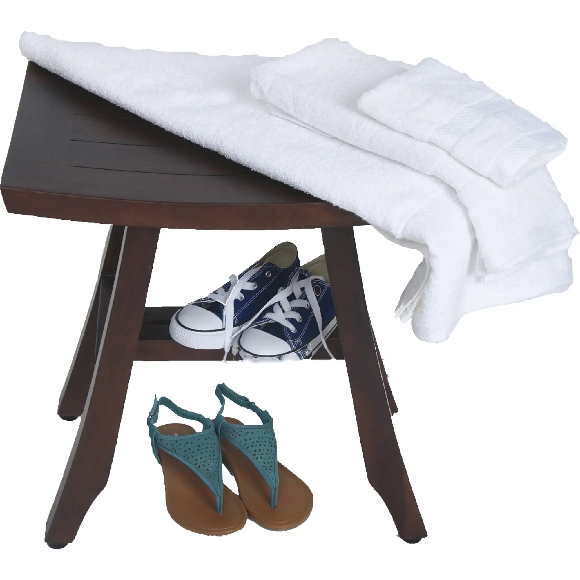 Compact Curvilinear Teak Shower Outdoor Bench In Brown Finish - Image 5