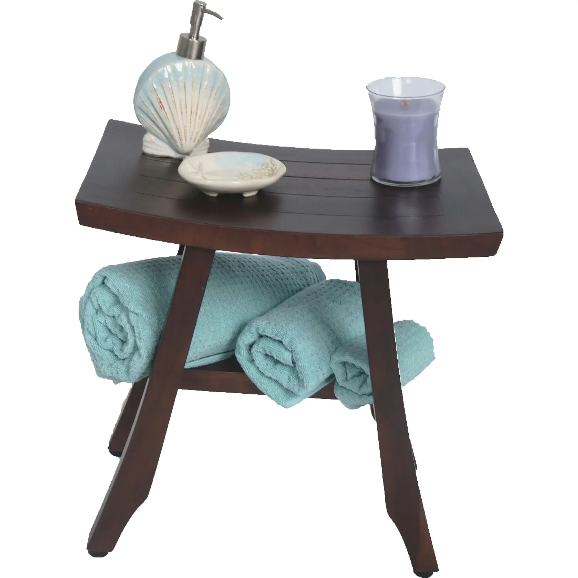 Compact Curvilinear Teak Shower Outdoor Bench In Brown Finish - Image 6