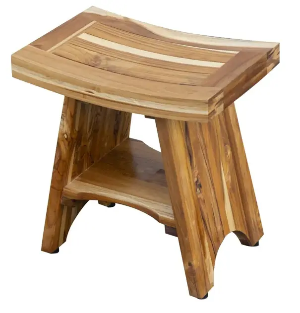 Compact Curvilinear Teak Shower Outdoor Bench With Shelf In Natural Finish - Image 3