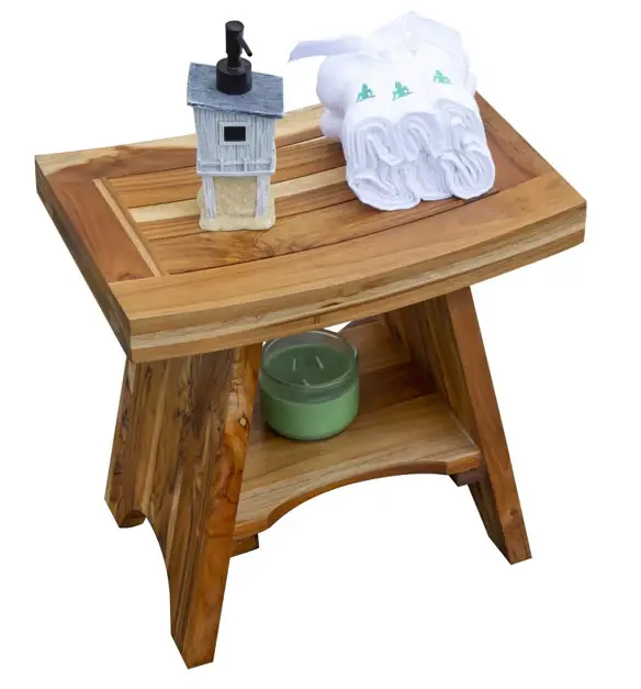 Compact Curvilinear Teak Shower Outdoor Bench With Shelf In Natural Finish - Image 4