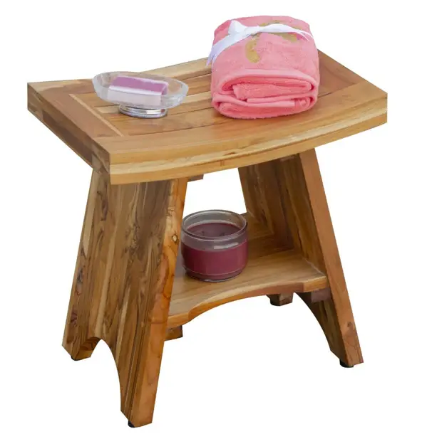 Compact Curvilinear Teak Shower Outdoor Bench With Shelf In Natural Finish - Image 5