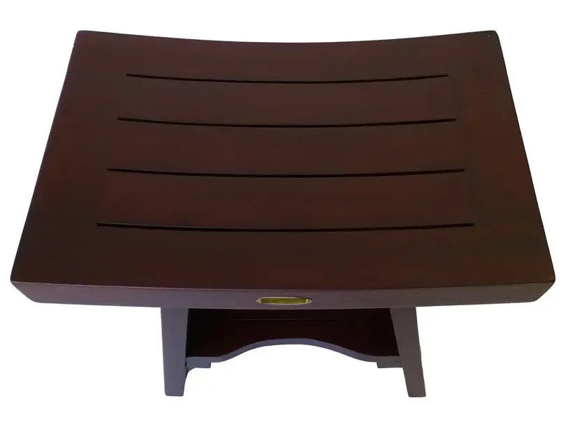 Compact Curviliniear Teak Shower Outdoor Bench With Shelf In Brown Finish - Image 2