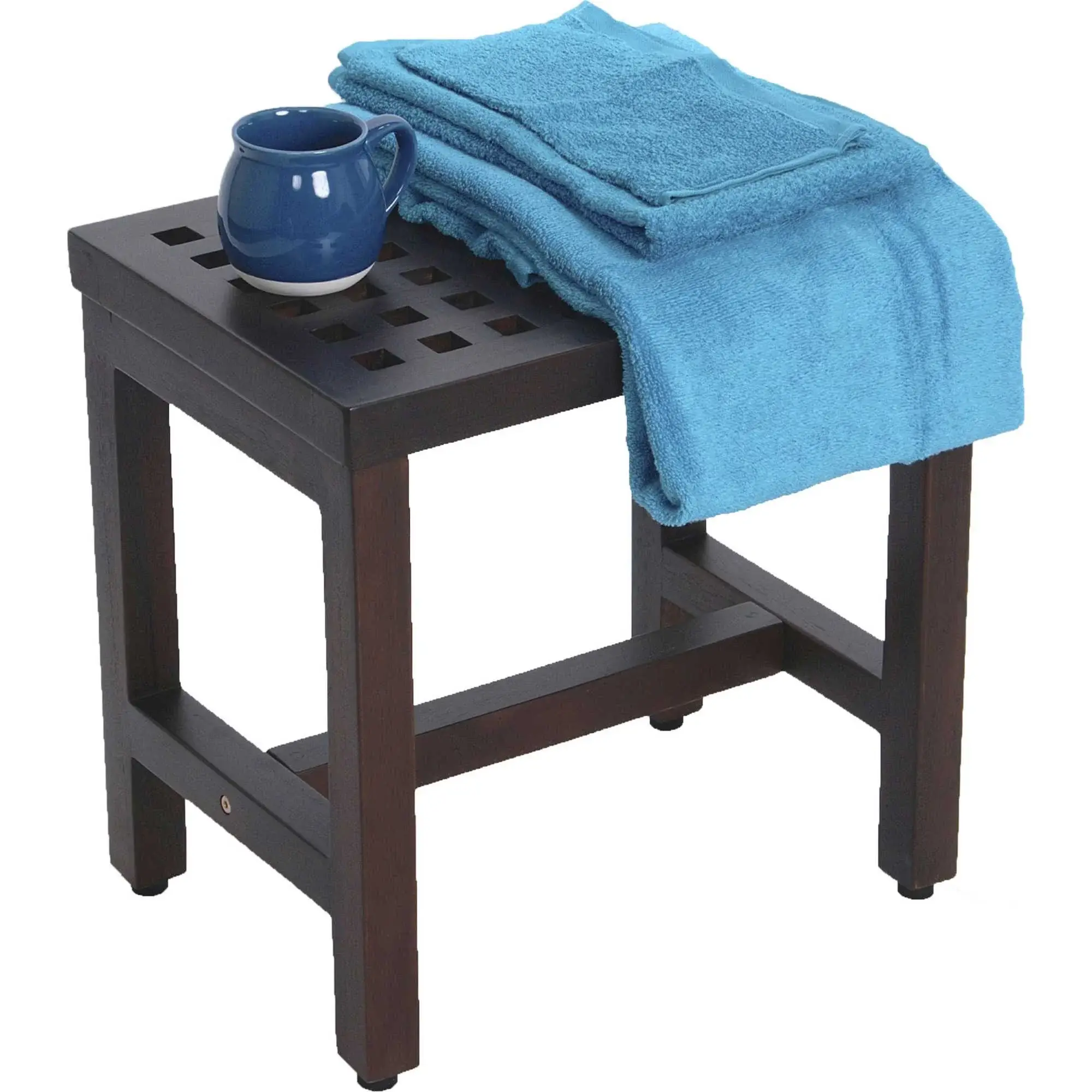 Compact Rectangular Teak Lattice Pattern Shower Or Outdoor Bench In Brown Finish - Image 4