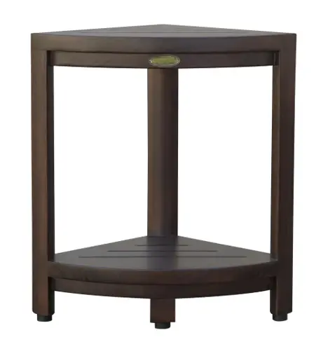 Compact Triangular Teak Shower Outdoor Bench With Shelf In Brown Finish - Image 2