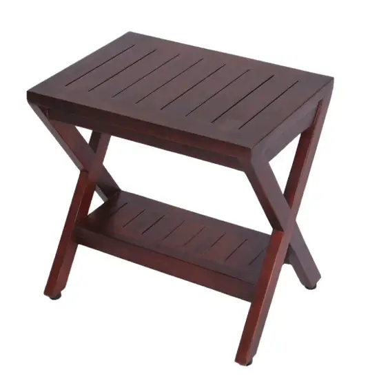 Compact X Shape Teak Shower Outdoor Bench With Shelf In Brown Finish - Image 2