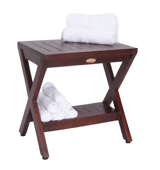 Compact X Shape Teak Shower Outdoor Bench With Shelf In Brown Finish - Image 3