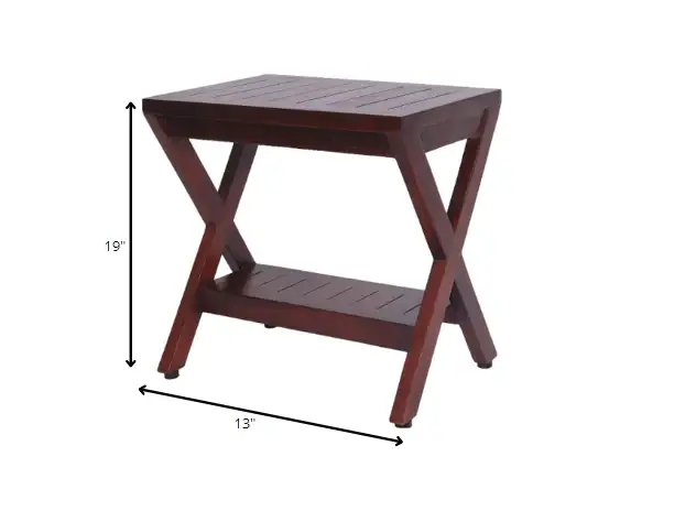 Compact X Shape Teak Shower Outdoor Bench With Shelf In Brown Finish - Image 5
