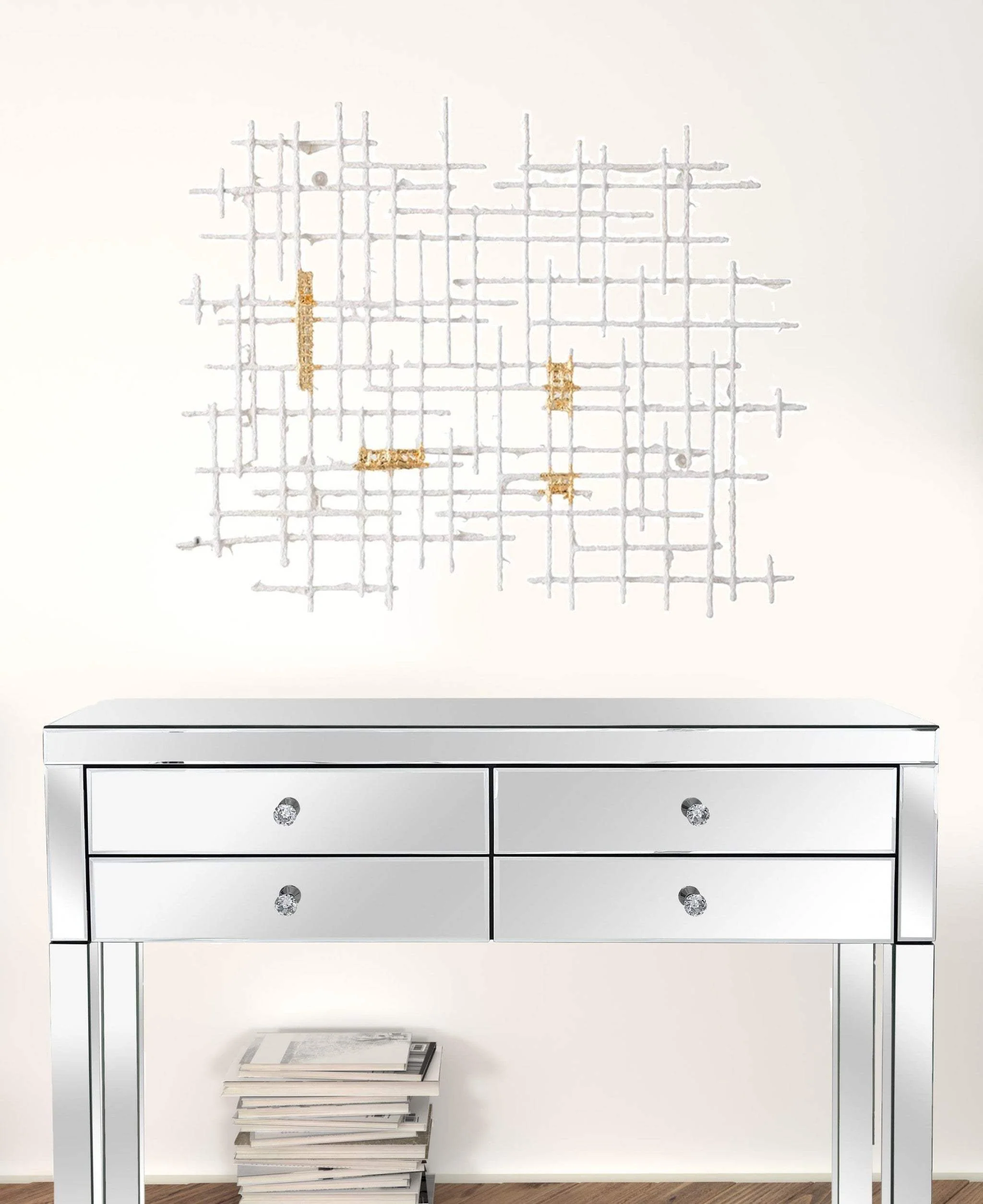 Contemporary Large White and Gold Geo Grid Wall Art - Image 2