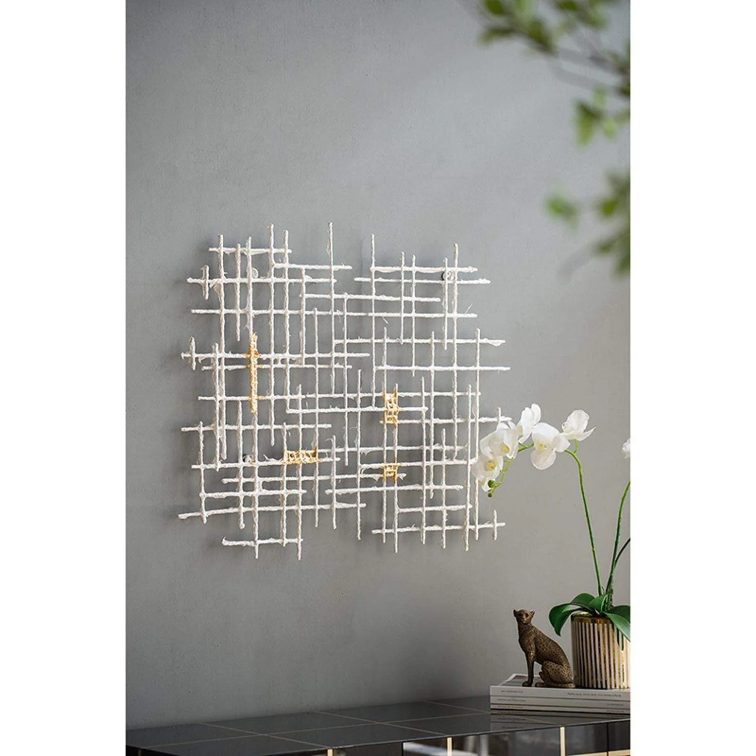 Contemporary Large White and Gold Geo Grid Wall Art - Image 5
