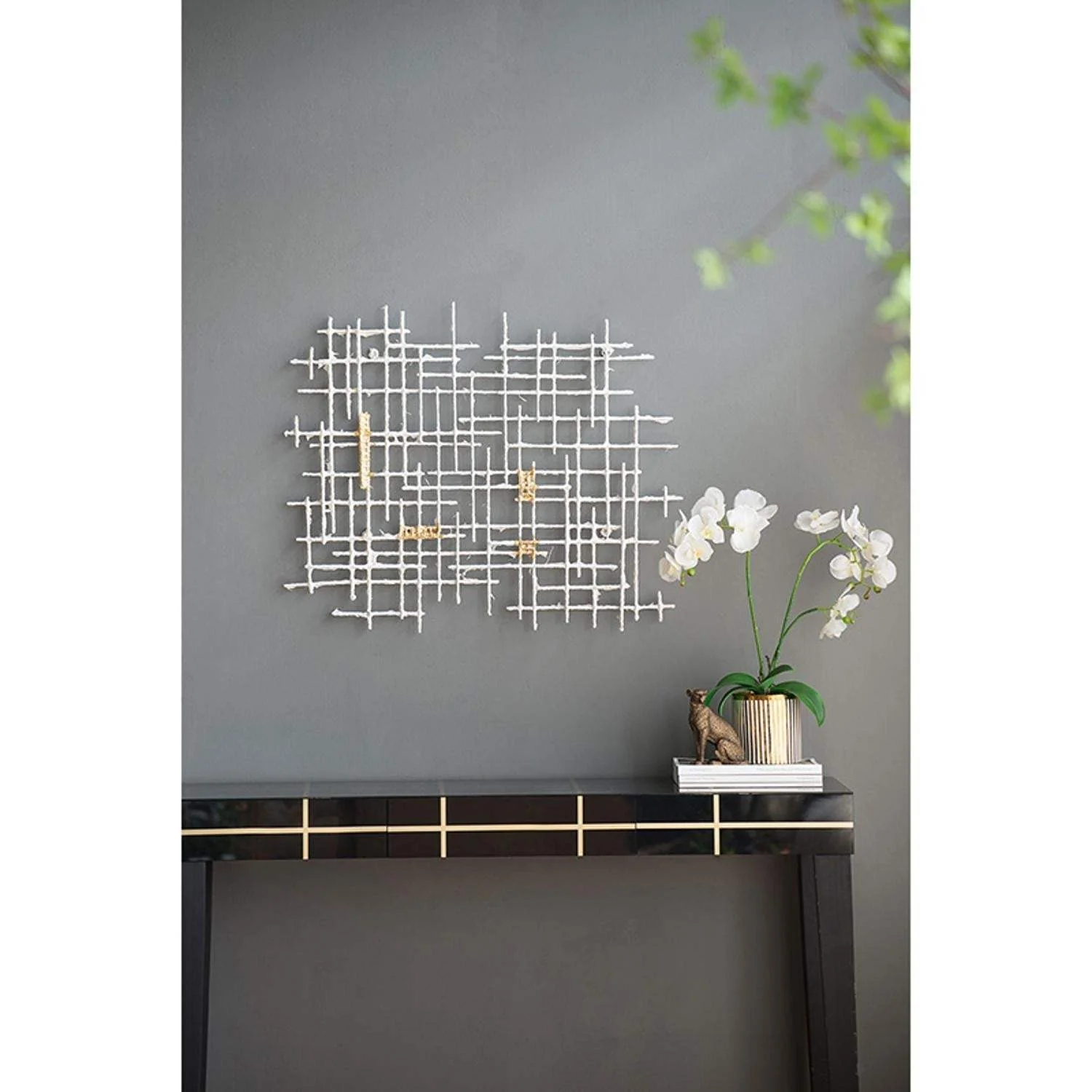 Contemporary Large White and Gold Geo Grid Wall Art - Image 7