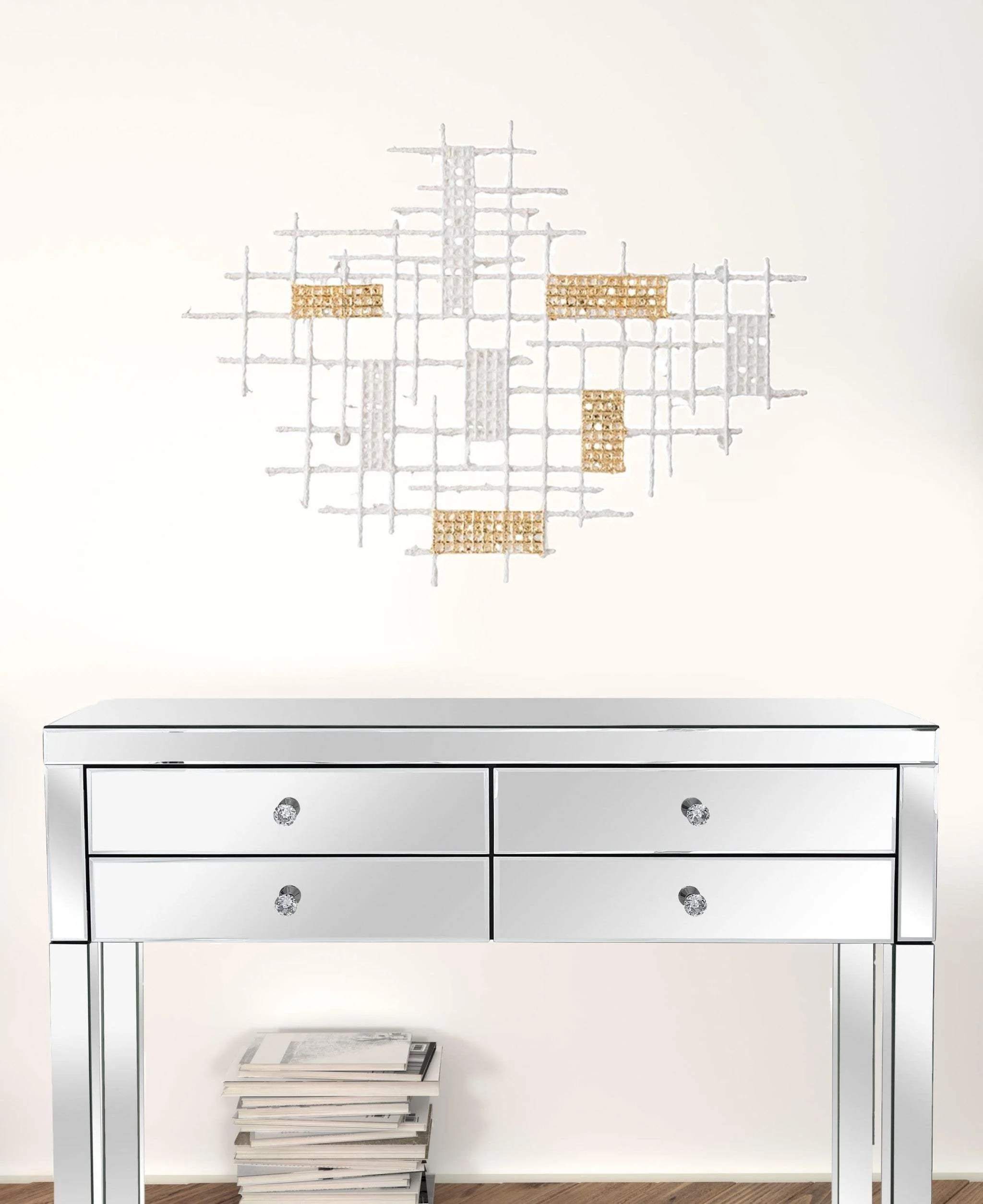 Contemporary White and Gold Geo Grid Wall Art - Image 2