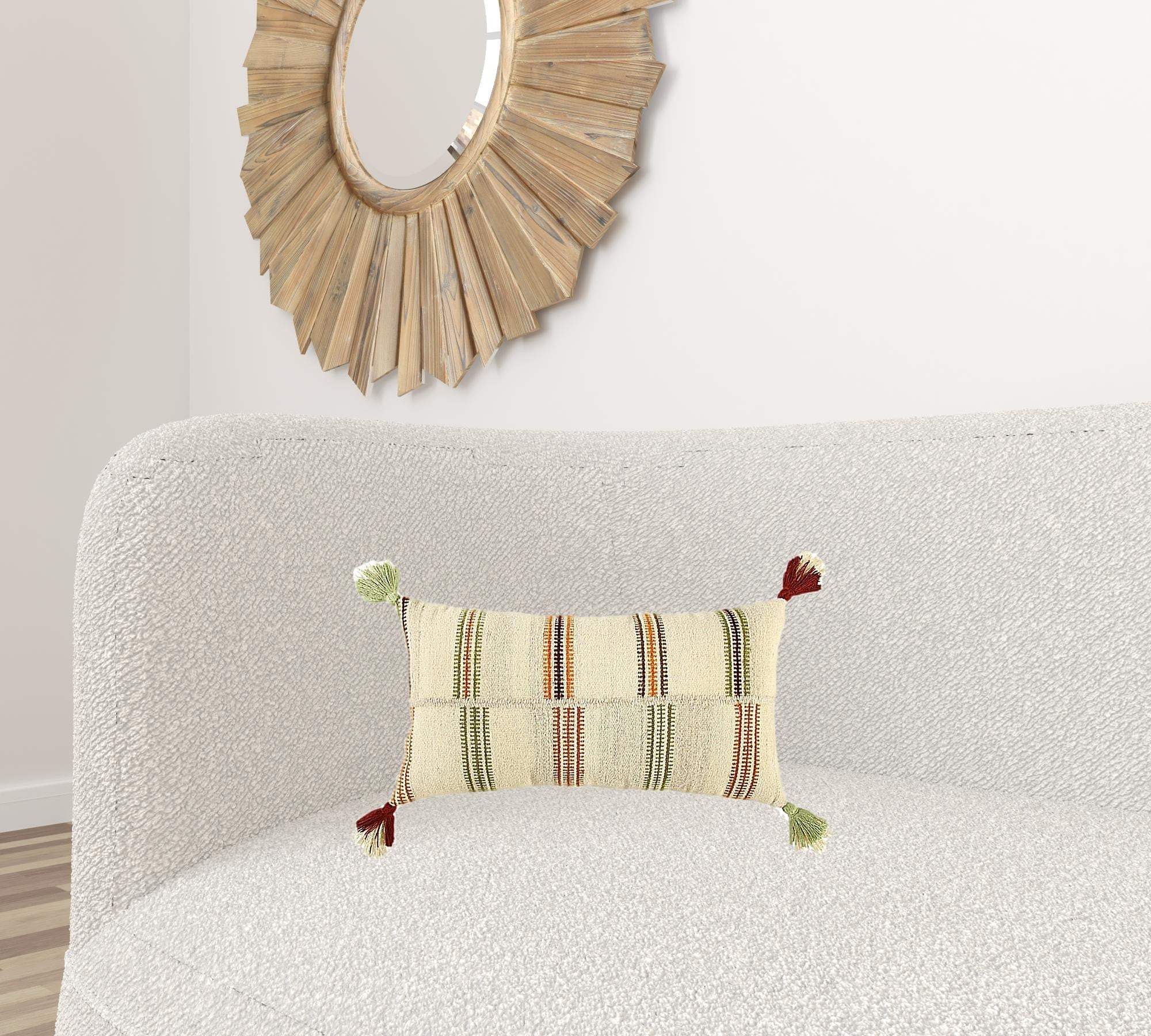 Cream Accent Striped Boho Chic Lumbar Pillow - Image 2