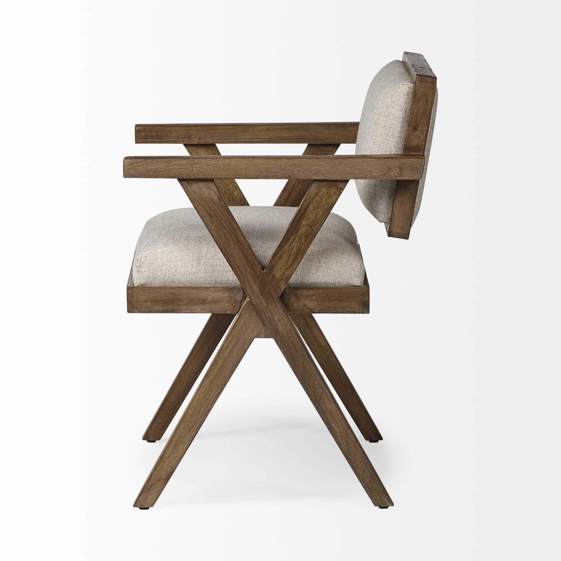 Cream And Brown Upholstered Fabric Open Back Dining Arm Chair - Image 4