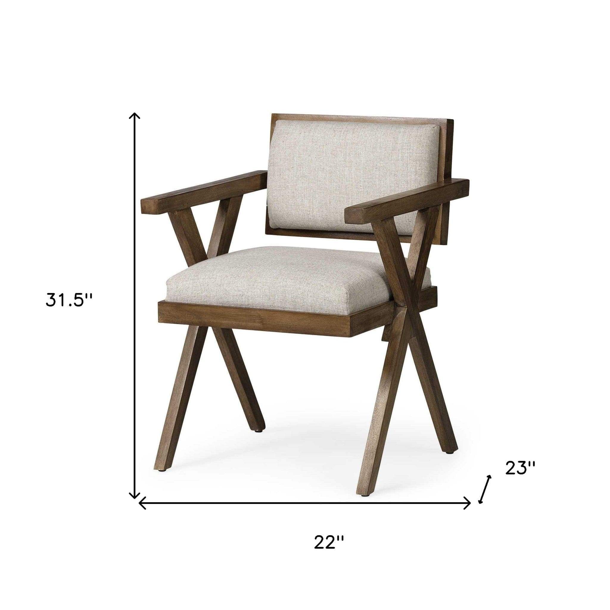 Cream And Brown Upholstered Fabric Open Back Dining Arm Chair - Image 8