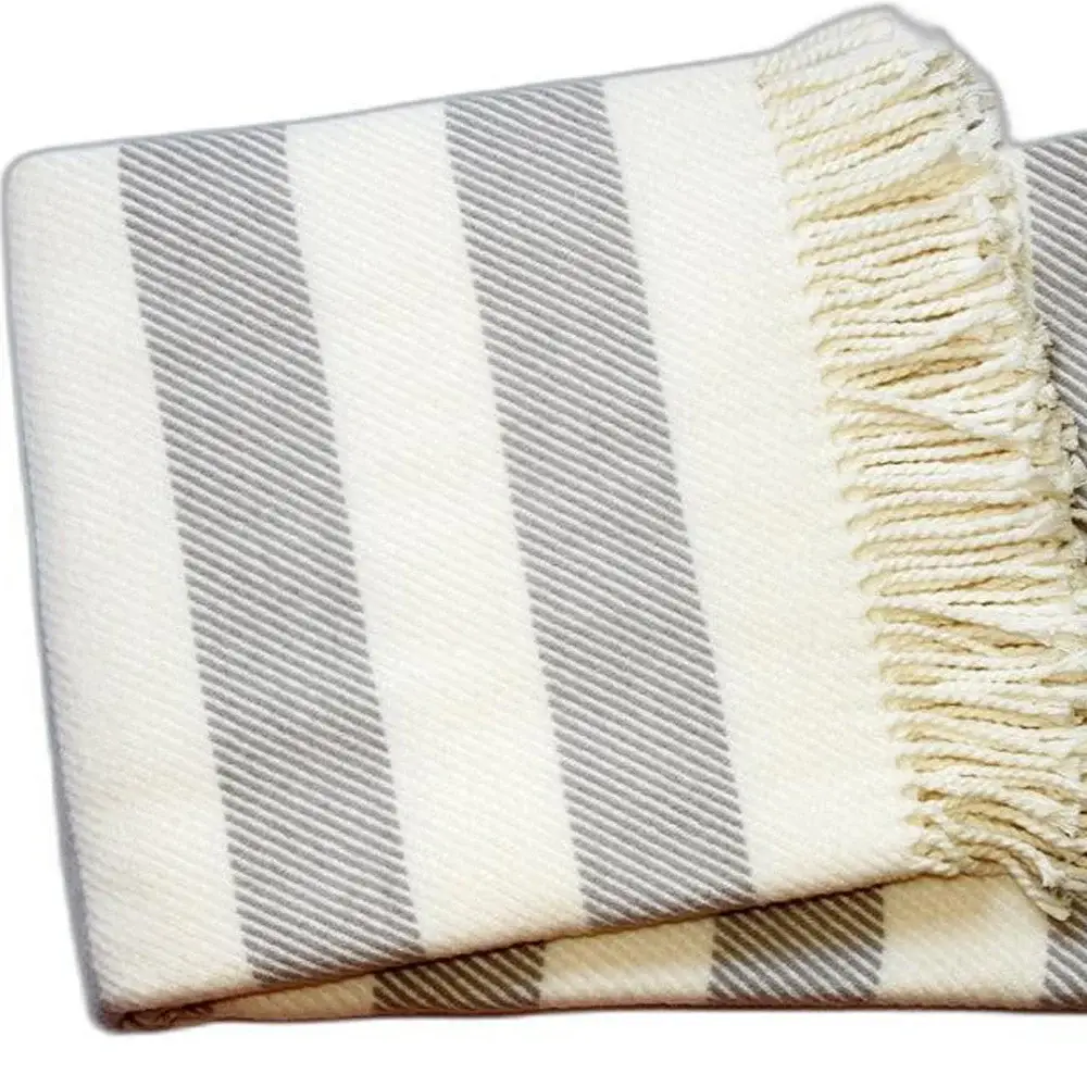 Cream and Gray Slanted Stripe Fringed Throw Blanket - Image 4