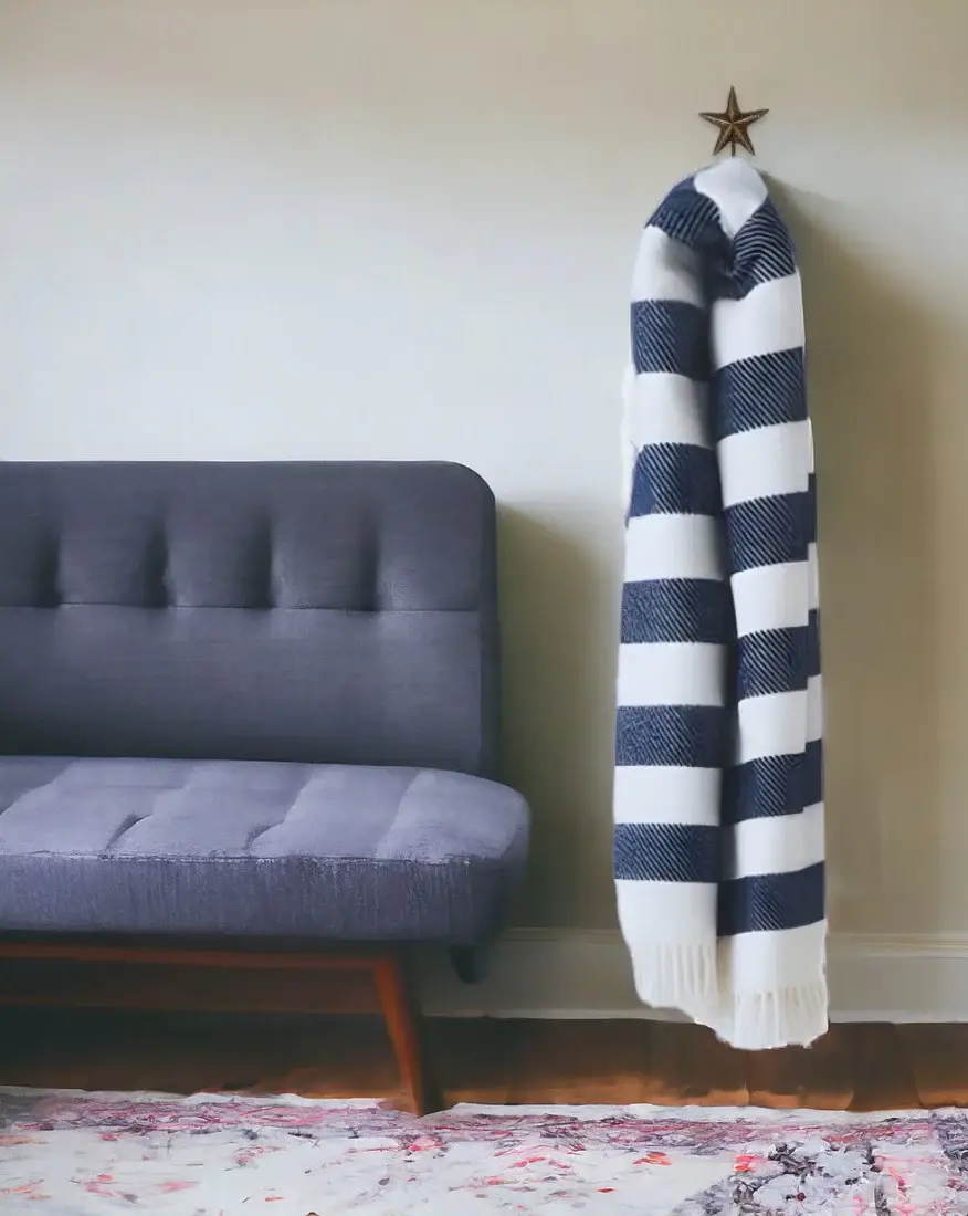Cream and Navy Blue Slanted Stripe Fringed Throw Blanket - Image 2
