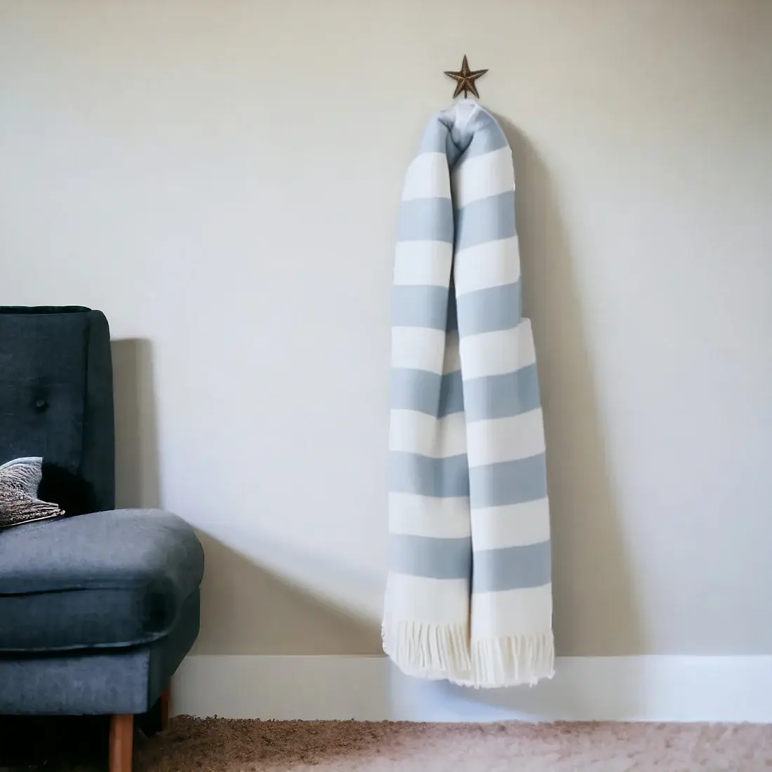 Cream and Sky Blue Slanted Stripe Fringed Throw Blanket - Image 2