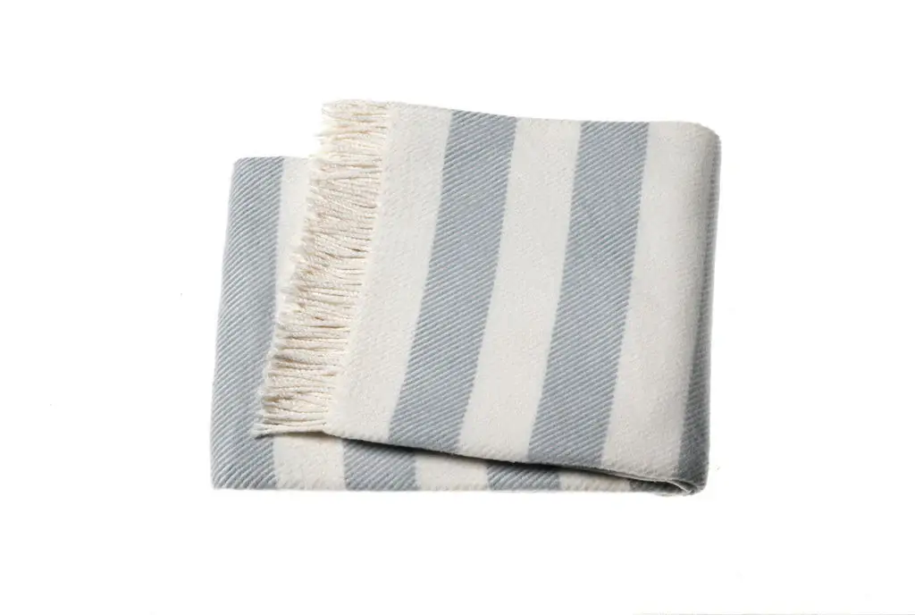 Cream and Sky Blue Slanted Stripe Fringed Throw Blanket - Image 3