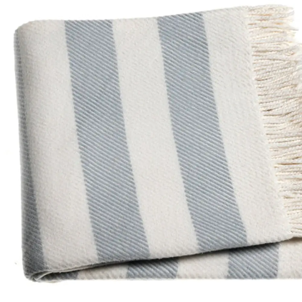 Cream and Sky Blue Slanted Stripe Fringed Throw Blanket - Image 4