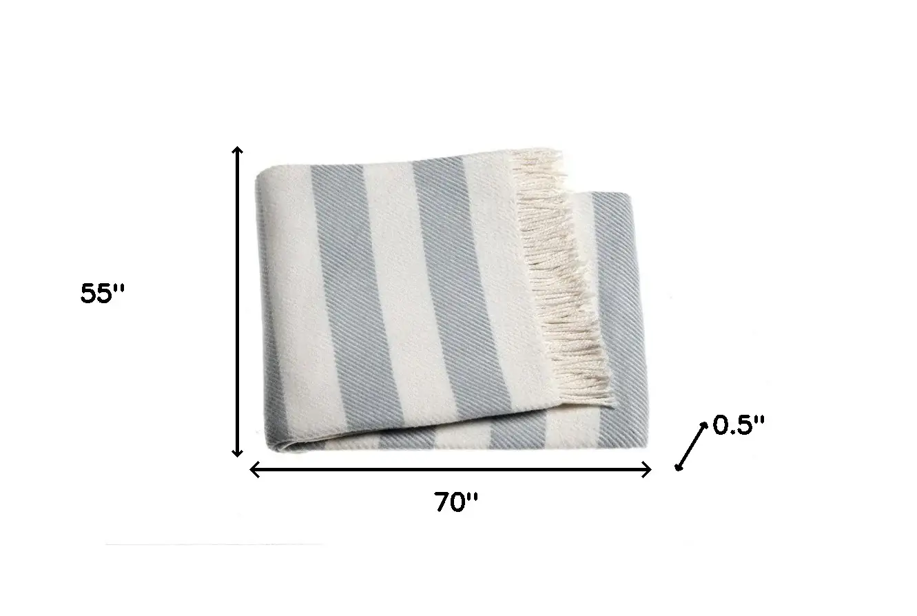 Cream and Sky Blue Slanted Stripe Fringed Throw Blanket - Image 6