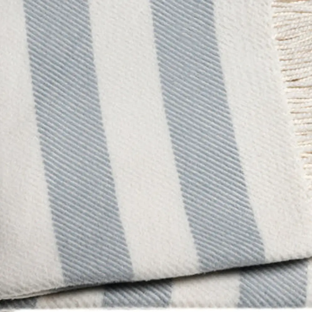 Cream and Sky Blue Slanted Stripe Fringed Throw Blanket - Image 7