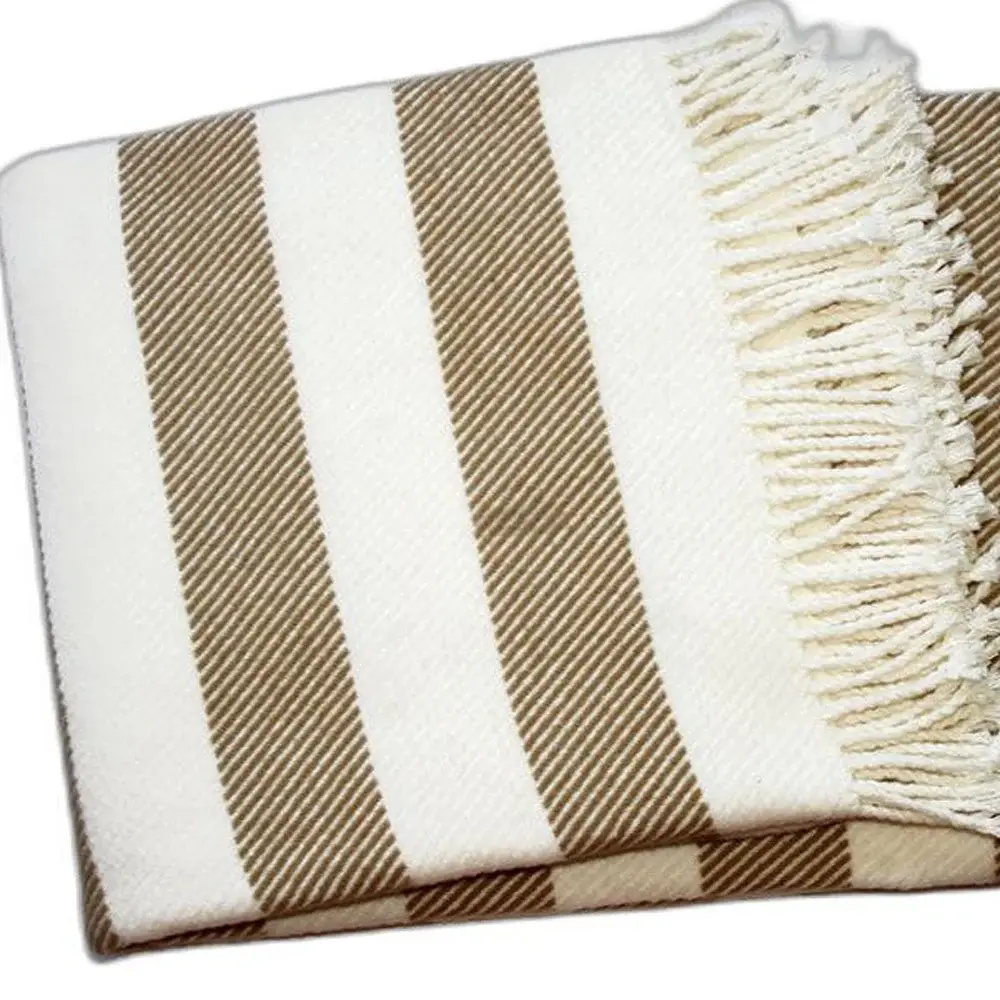 Cream and Stone Slanted Stripe Fringed Throw Blanket - Image 4