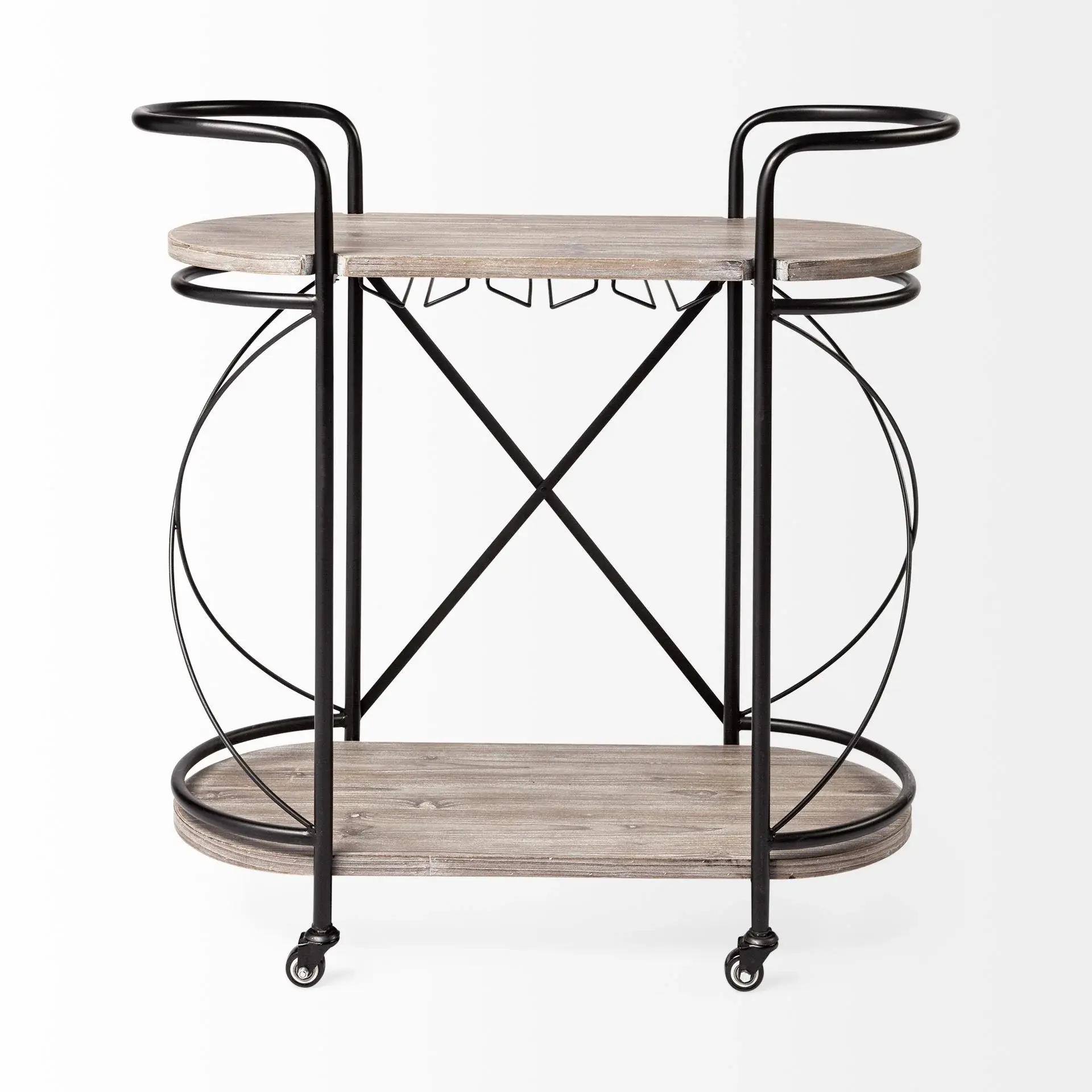 Cyclider Black Metal With Two Wooden Shelves Bar Cart - Image 2