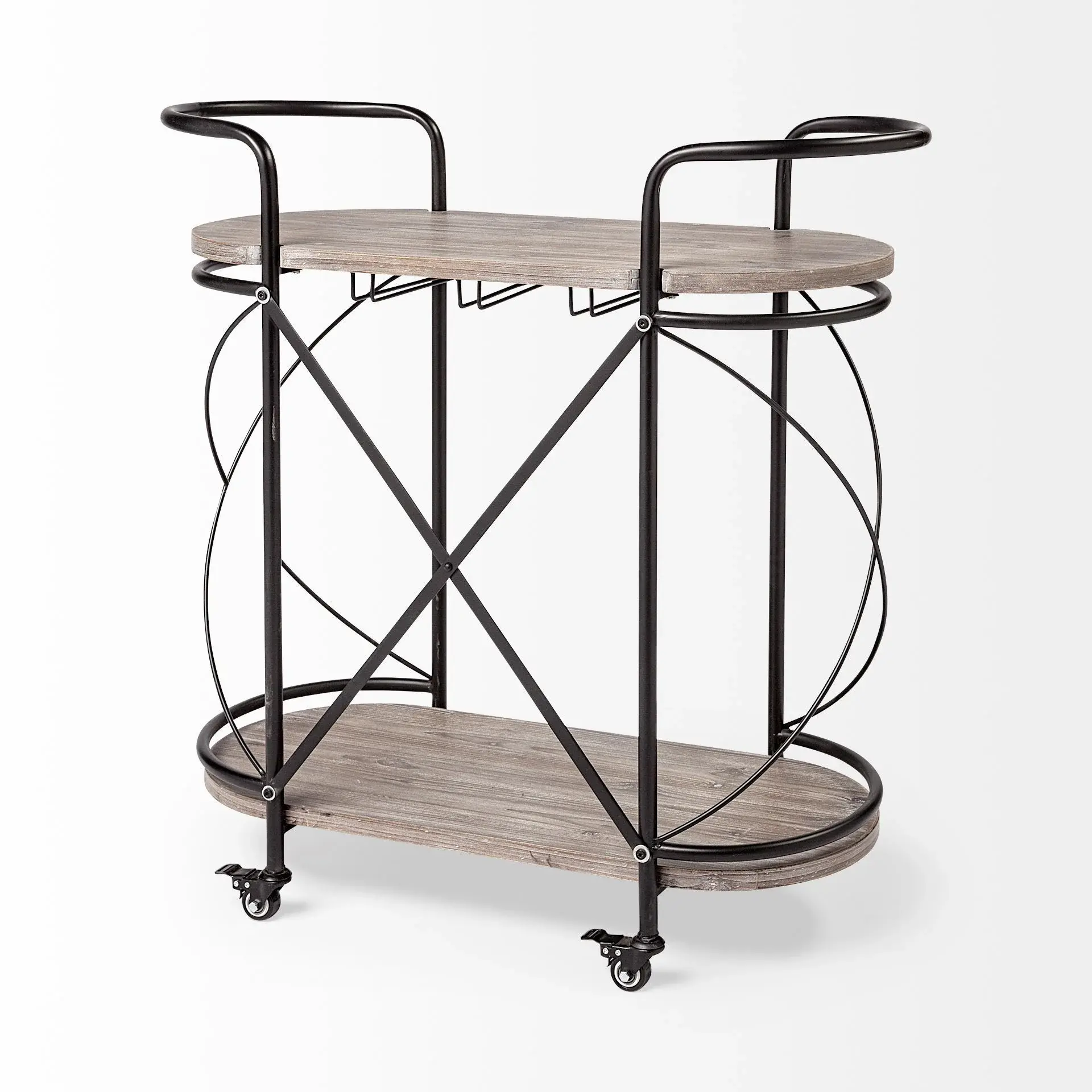 Cyclider Black Metal With Two Wooden Shelves Bar Cart - Image 4