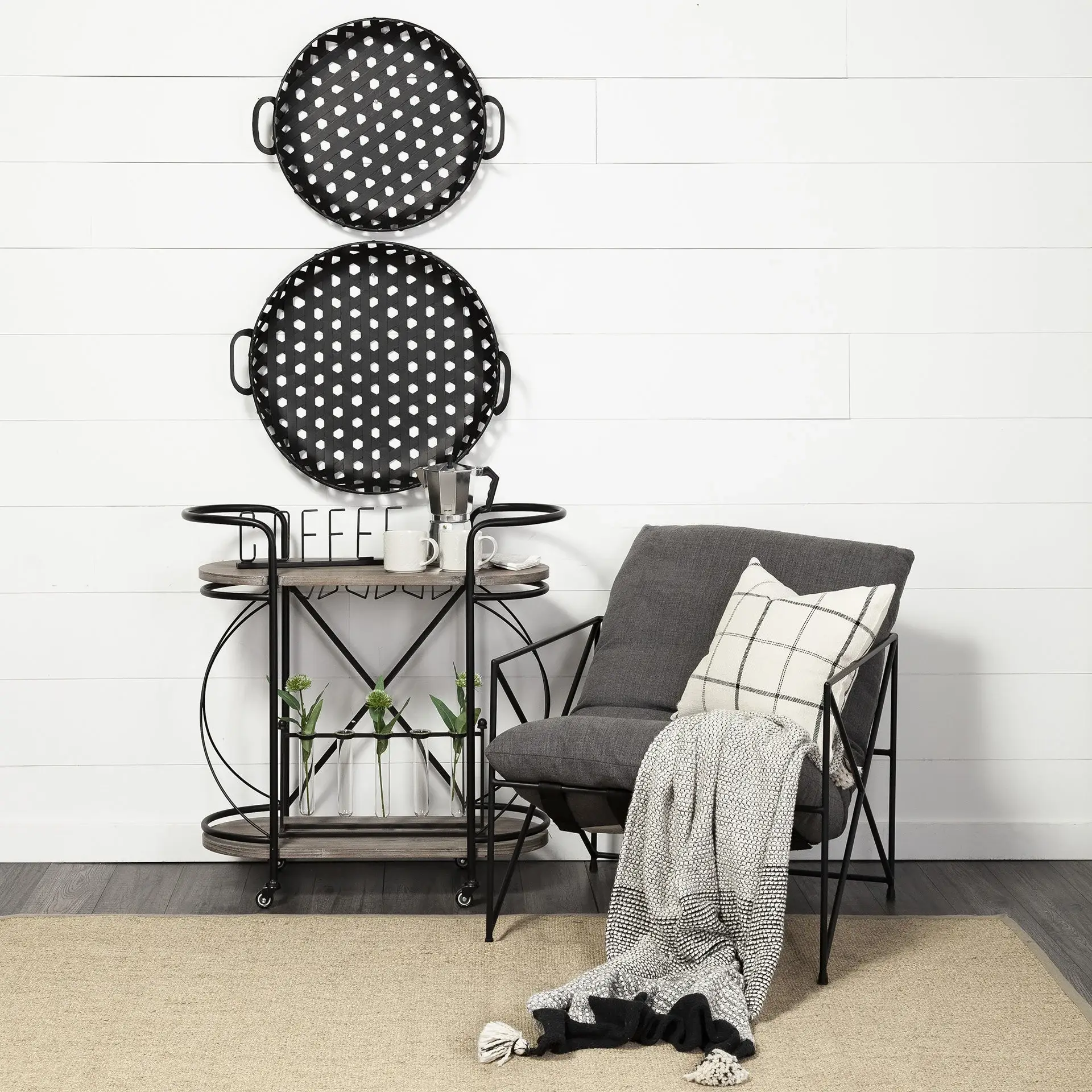 Cyclider Black Metal With Two Wooden Shelves Bar Cart - Image 8