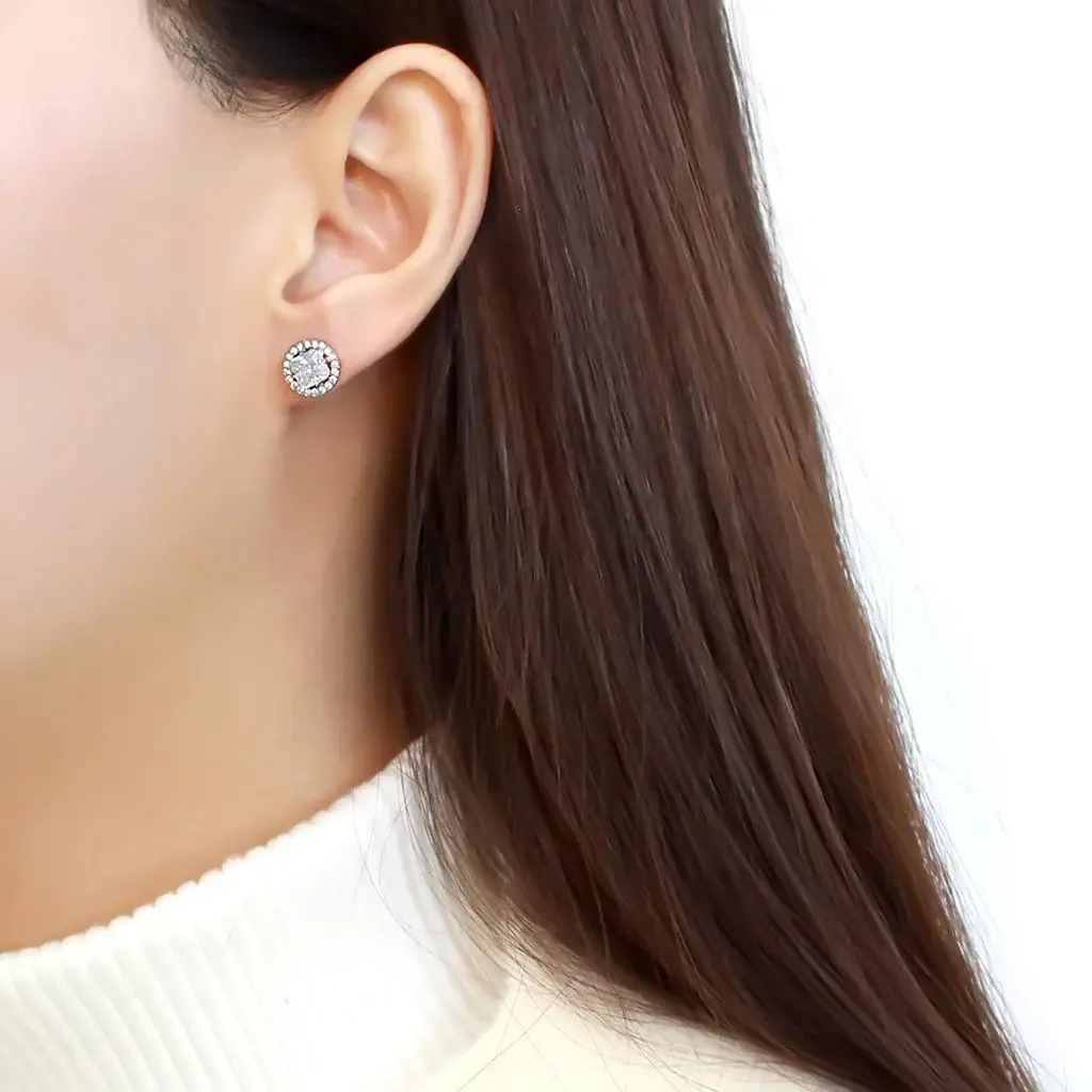 DA295 - High polished (no plating) Stainless Steel Earrings with AAA Grade CZ in Clear - Image 3