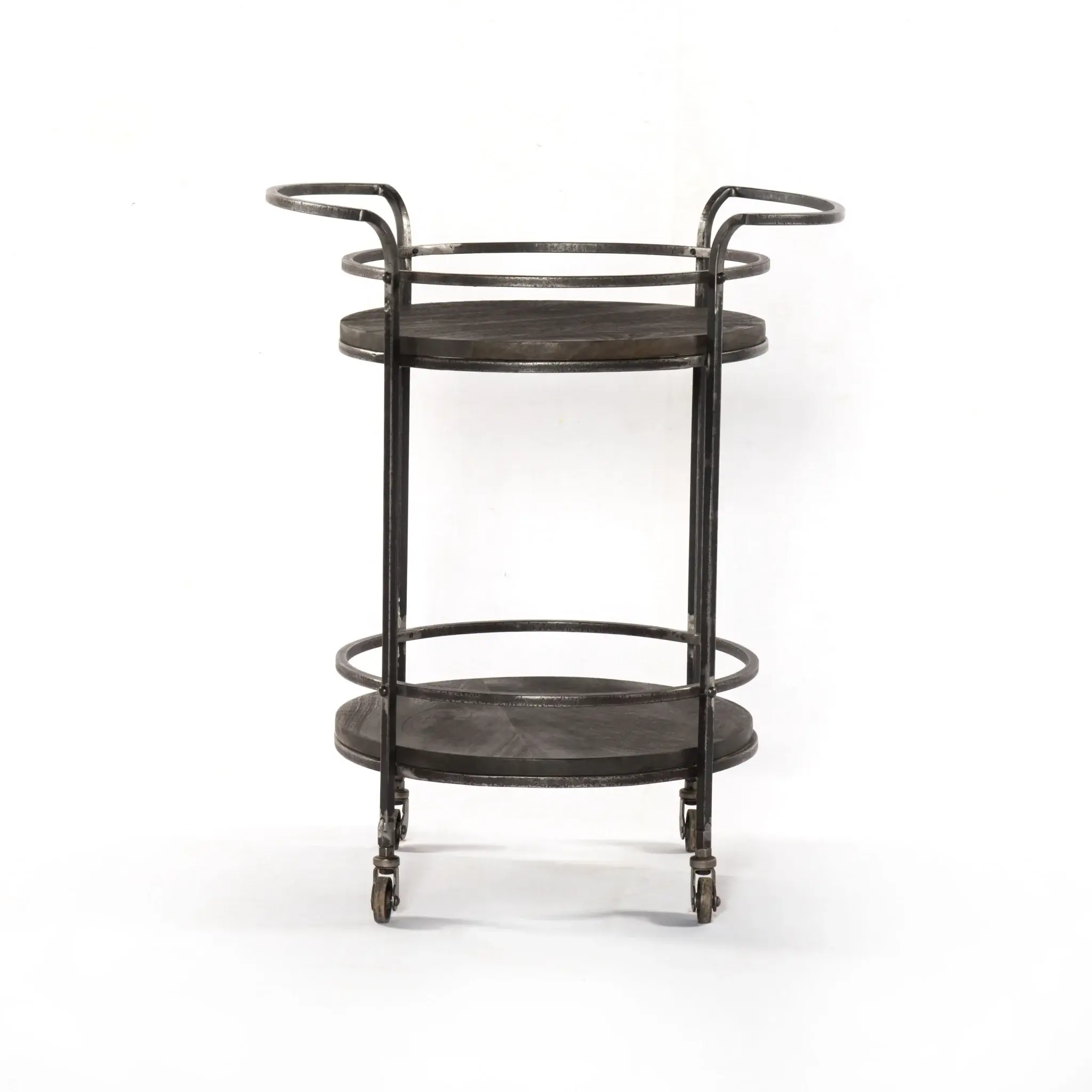 Dark Gray Iron And Solid Wood Round Rolling Bar Cart