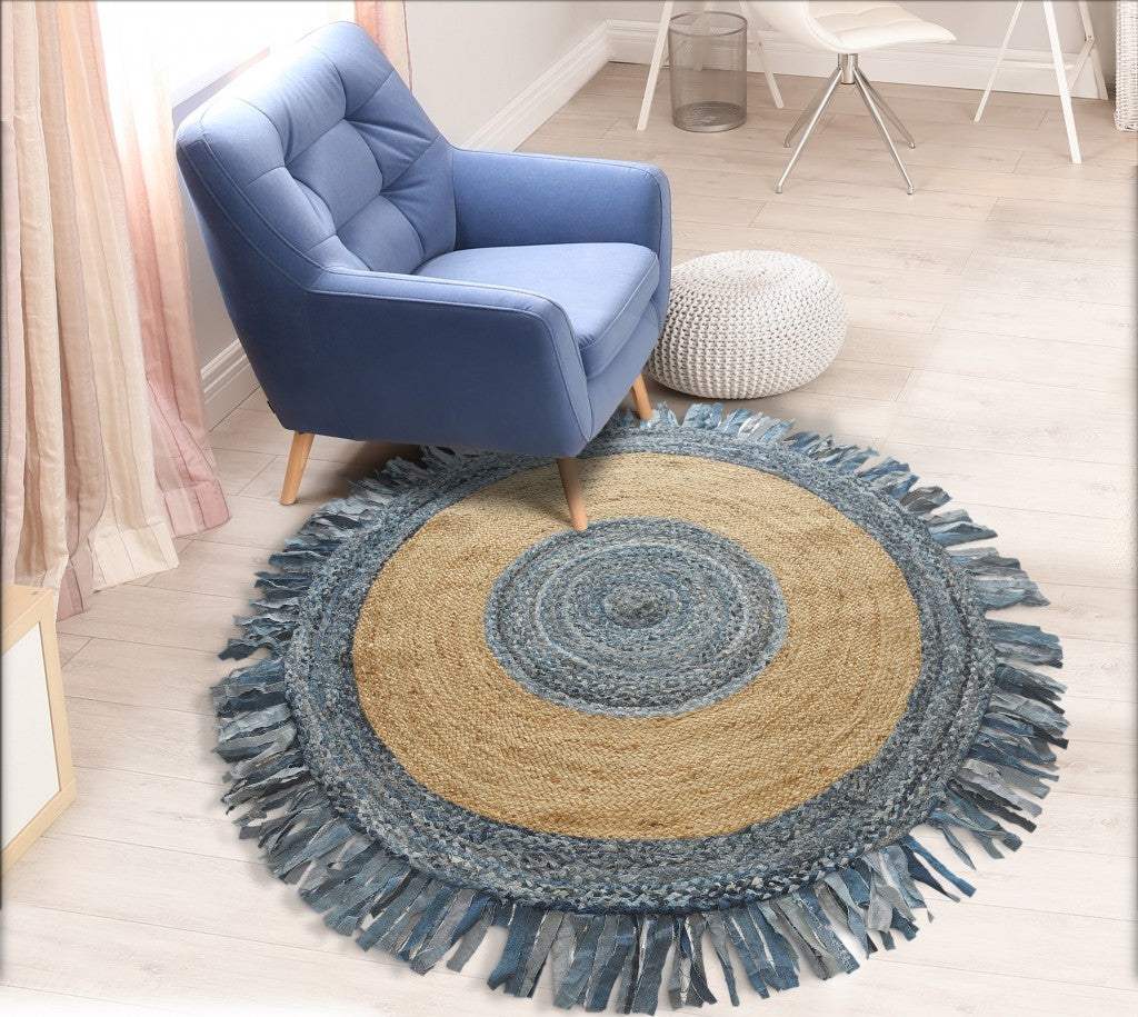 Denim And Natural Jute Fringed Round Rug - Image 8