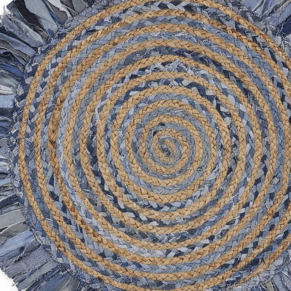 Denim And Natural Jute Round Swirl Fringed Rug - Image 2